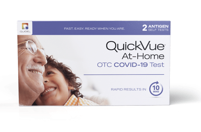 Product shot of QuickVue At-Home OTC COVID-19 Test in packaging
