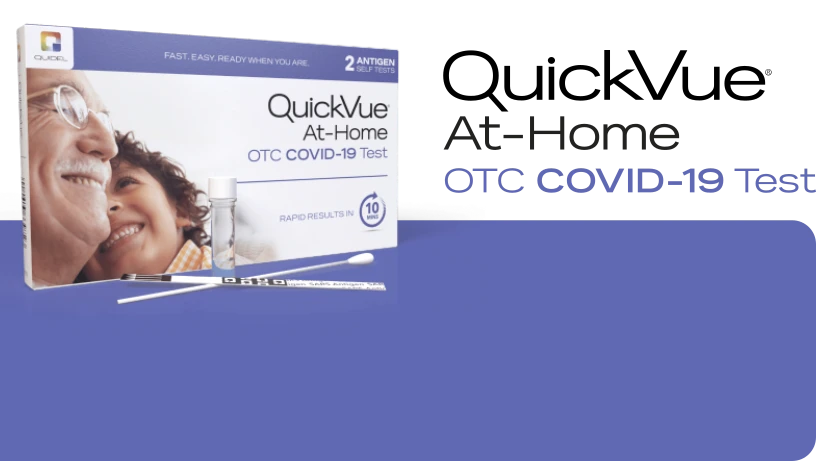 QuickVue At-Home OTC COVID-19 Test kit next to product logo