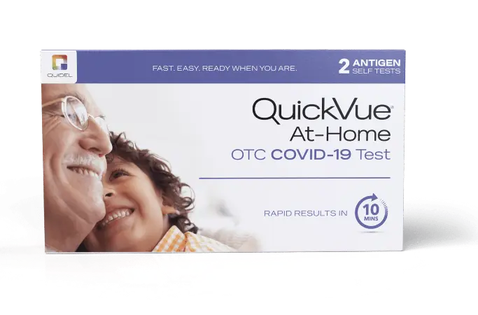 Product shot of QuickVue At-Home OTC COVID-19 Test in packaging. Rapid results in 10 minutes.