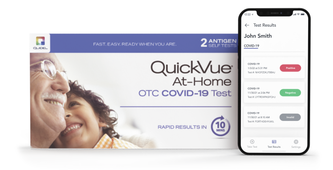 QuickVue At-Home OTC COVID-19 Test Kit and QVue app on smartphone