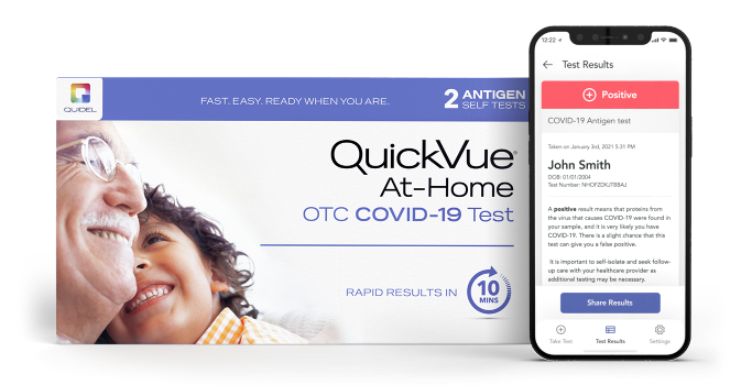 QuickVue At-Home OTC COVID-19 Test in packaging and sample results screen on QVue app.